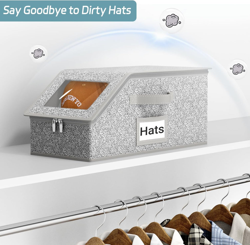 2 Pack Stackable Hat Storage for Baseball Caps, Holds up to 12 Caps Each, Grey Hat Organizer for Closet, Sturdy Cardboard Hat Boxes for Men