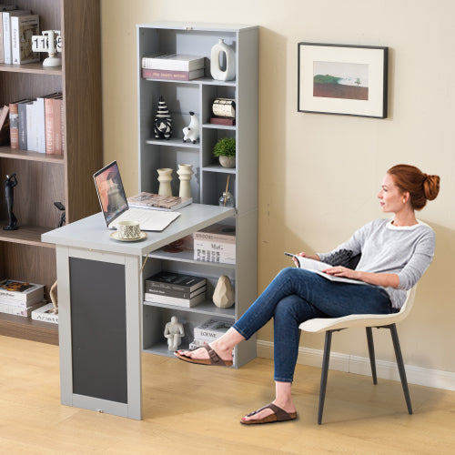 AEELLEEA Wall Mount Fold Out Murphy Desk with Storage Shelves & Chalkboard, Space Saving Convertible Writing Table for Small Space