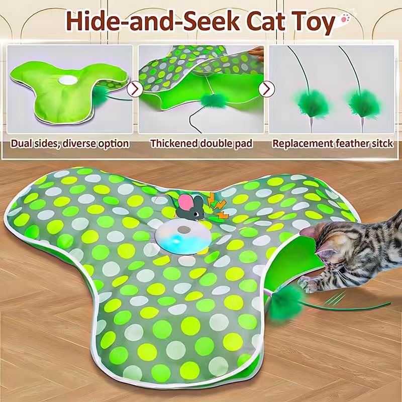 AEELLEEA Universal Size Touch-Activated Cat Toy - Moving Concealed Feathers, Real Mouse Squeak, Indoor Exercise Toy, Green