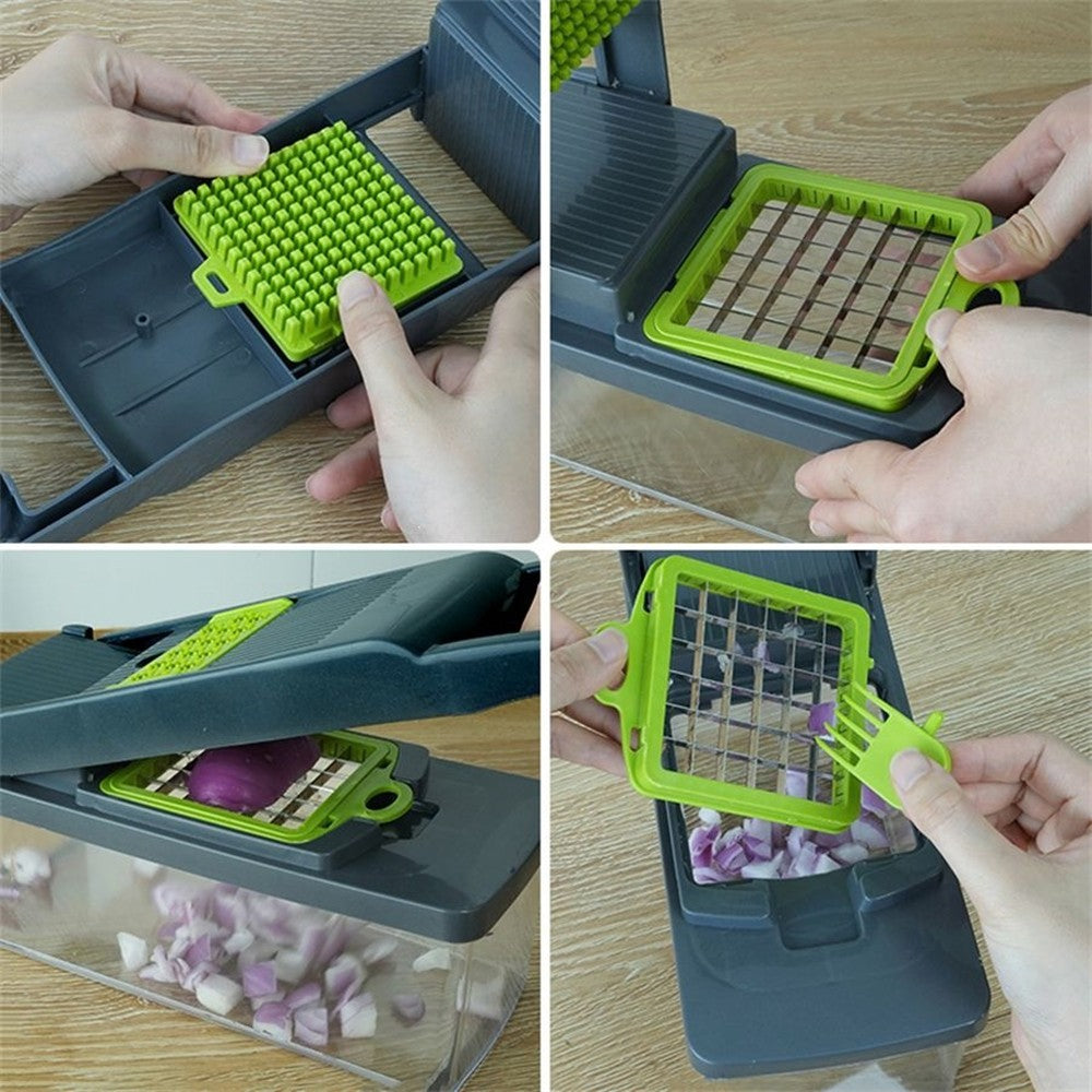 16 in 1 Vegetable Chopper, Multifunctional Veggie Slicer Dicer with 1.5L Storage Container, Interchangeable Blades & Hand Guard for Onion Carrot Fruit
