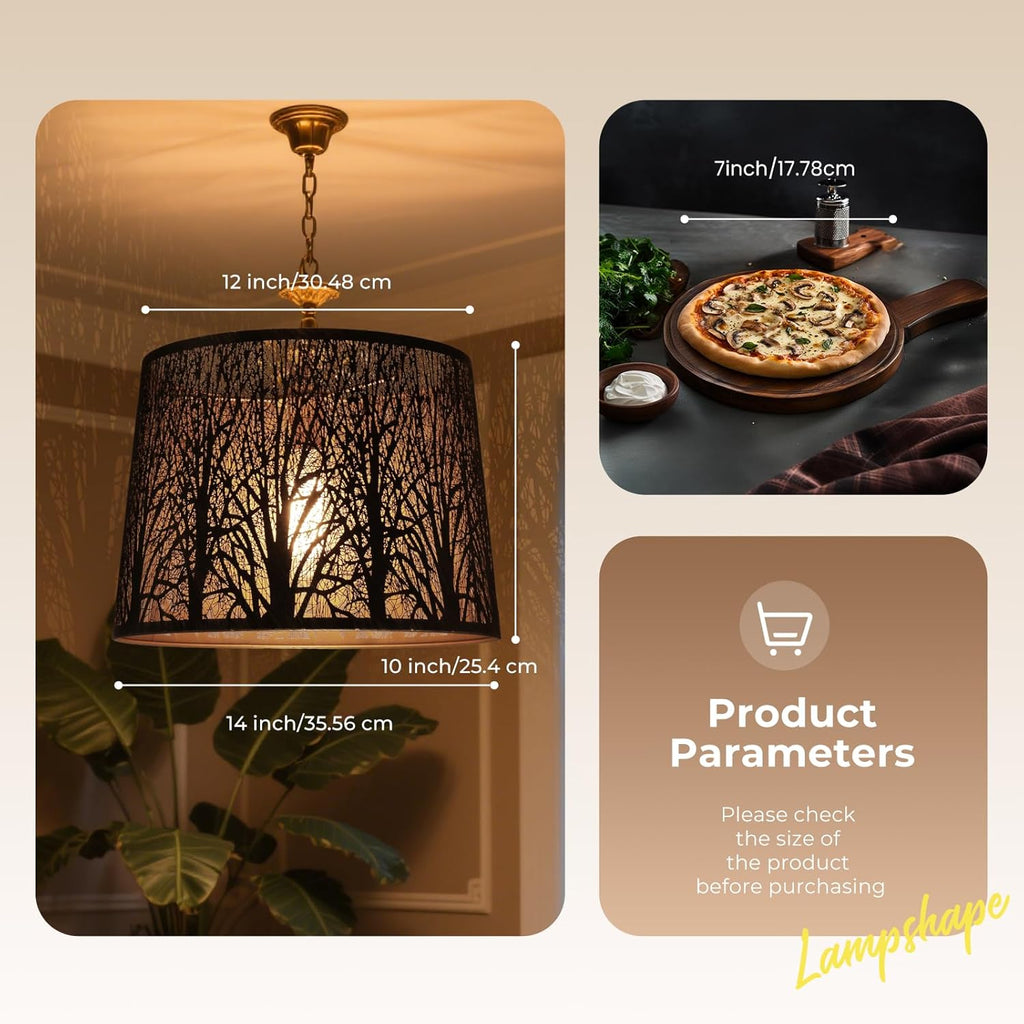 Antique Copper Drum Lampshade with Forest Tree Cutouts – 12" Top, 14" Bottom, 10" H – Fits Table, Floor & Pendant Lamps