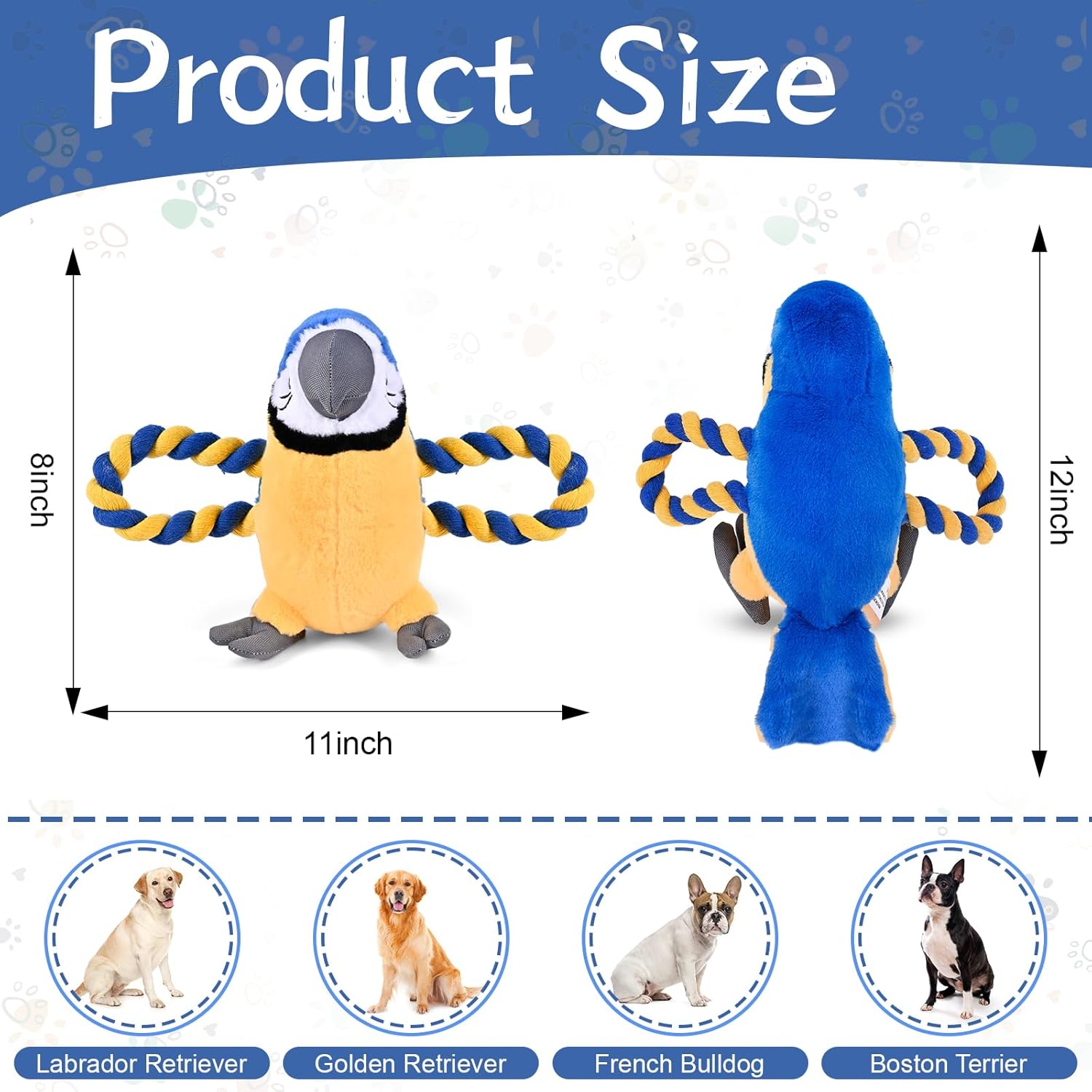 Squeaky Parrot Dog Toy with Rope Wings, Tug of War & Chew Interactive Plush Bird Toy for Small Medium Dogs, Indoor Puppy Play