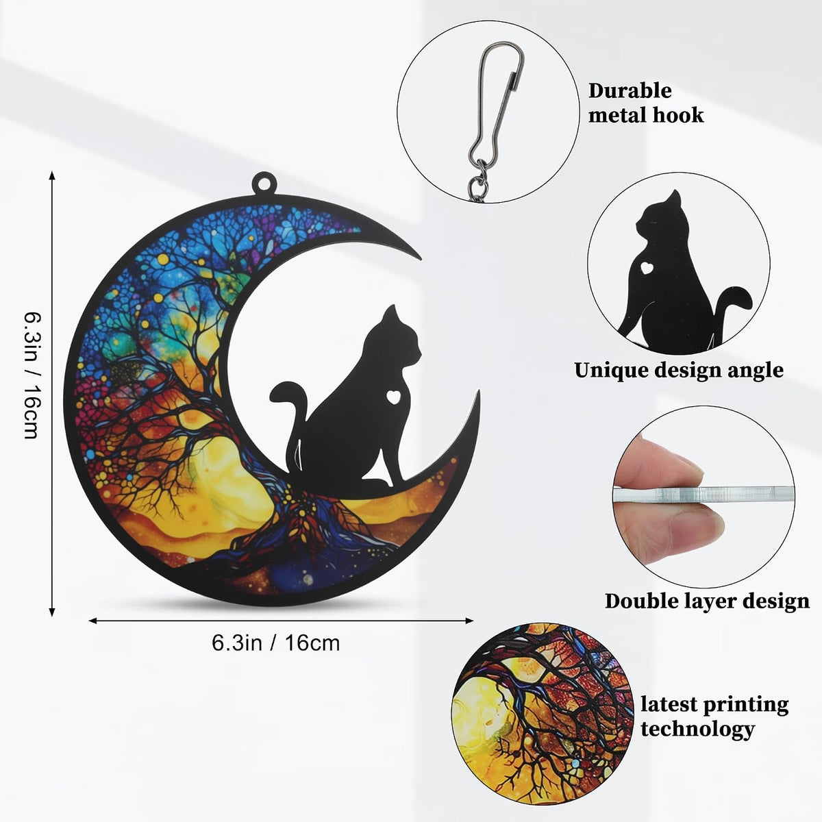 Moon with Silhouette Cat and Tree Acrylic Suncatcher Hanging, 5.9 inch Window Decor with Printed Stained Glass Style Design, Rainbow Maker Wall Art