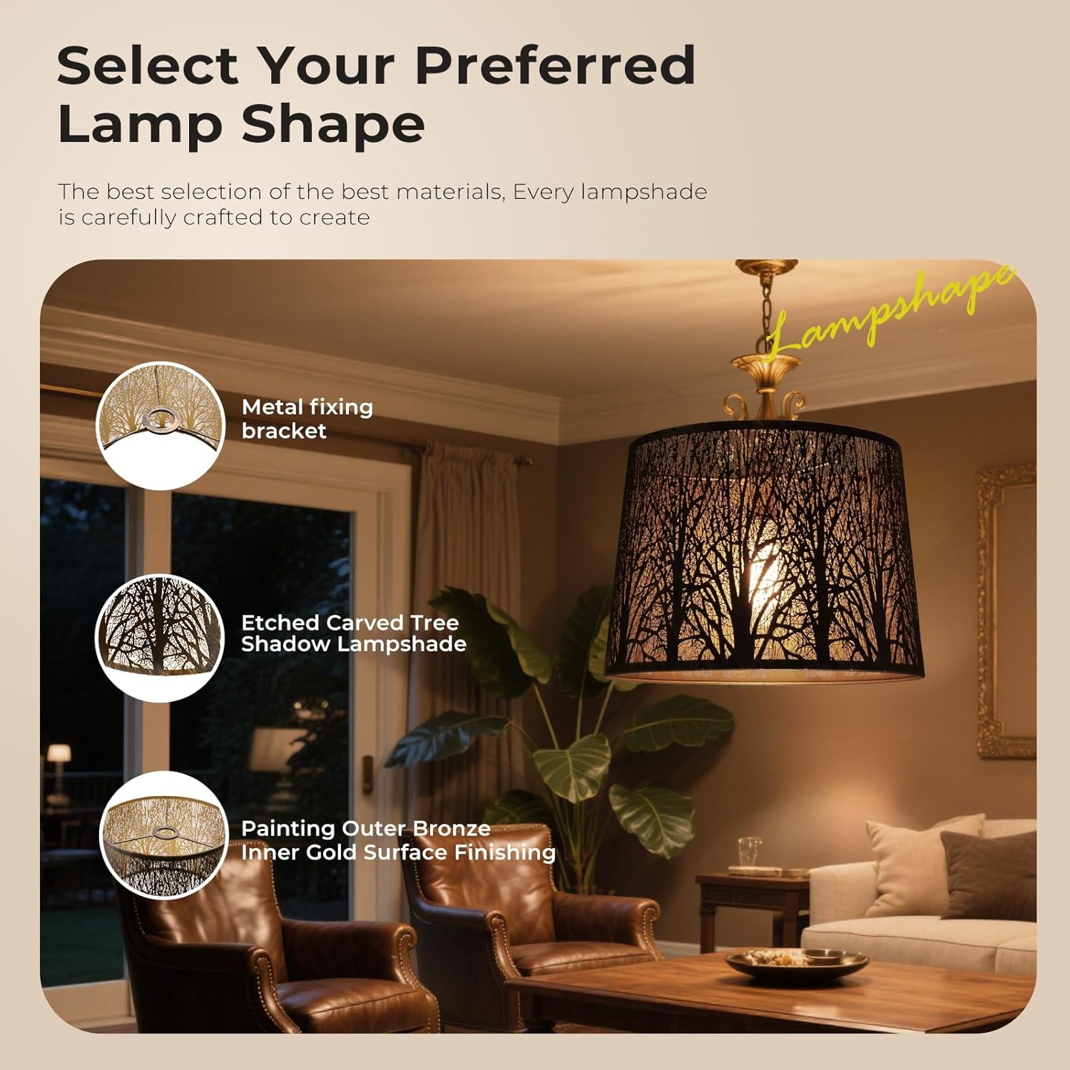 Antique Copper Drum Lampshade with Forest Tree Cutouts – 12" Top, 14" Bottom, 10" H – Fits Table, Floor & Pendant Lamps