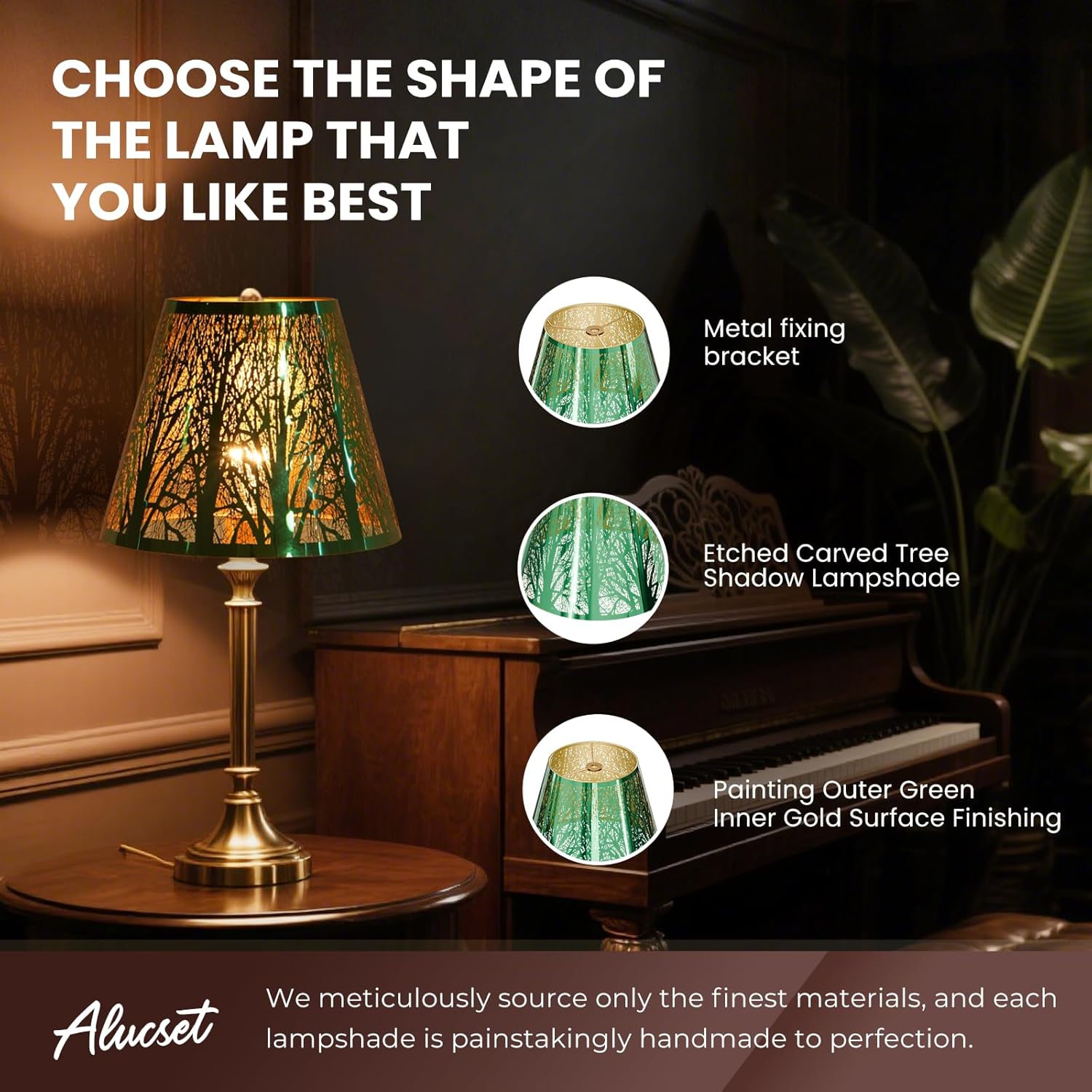ALUCSET Small Metal Lamp Shade with Etched Forest Pattern – 6" Top, 10" Bottom, 7.5" Height, Spider Fitter, Green & Gold Finish