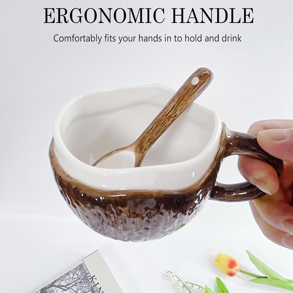 Coconut Shell Ceramic Coffee Mug with Spoon, 11.8oz Novelty Tropical Coffee Cup with Comfort Handle, Glossy Glaze Tea Mug for Home Office & Café