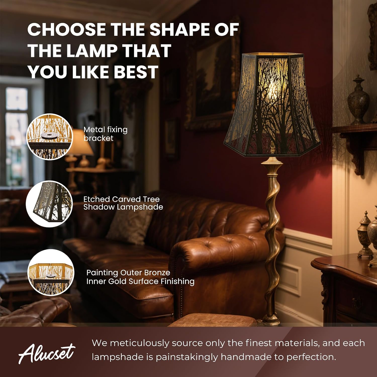 ALUCSET 10"×16"×14.5" Hexagonal Metal Lamp Shade, Forest Etched Tree Shadow Bronze Gold Lampshade with Spider Fitter for Table & Floor Lamps