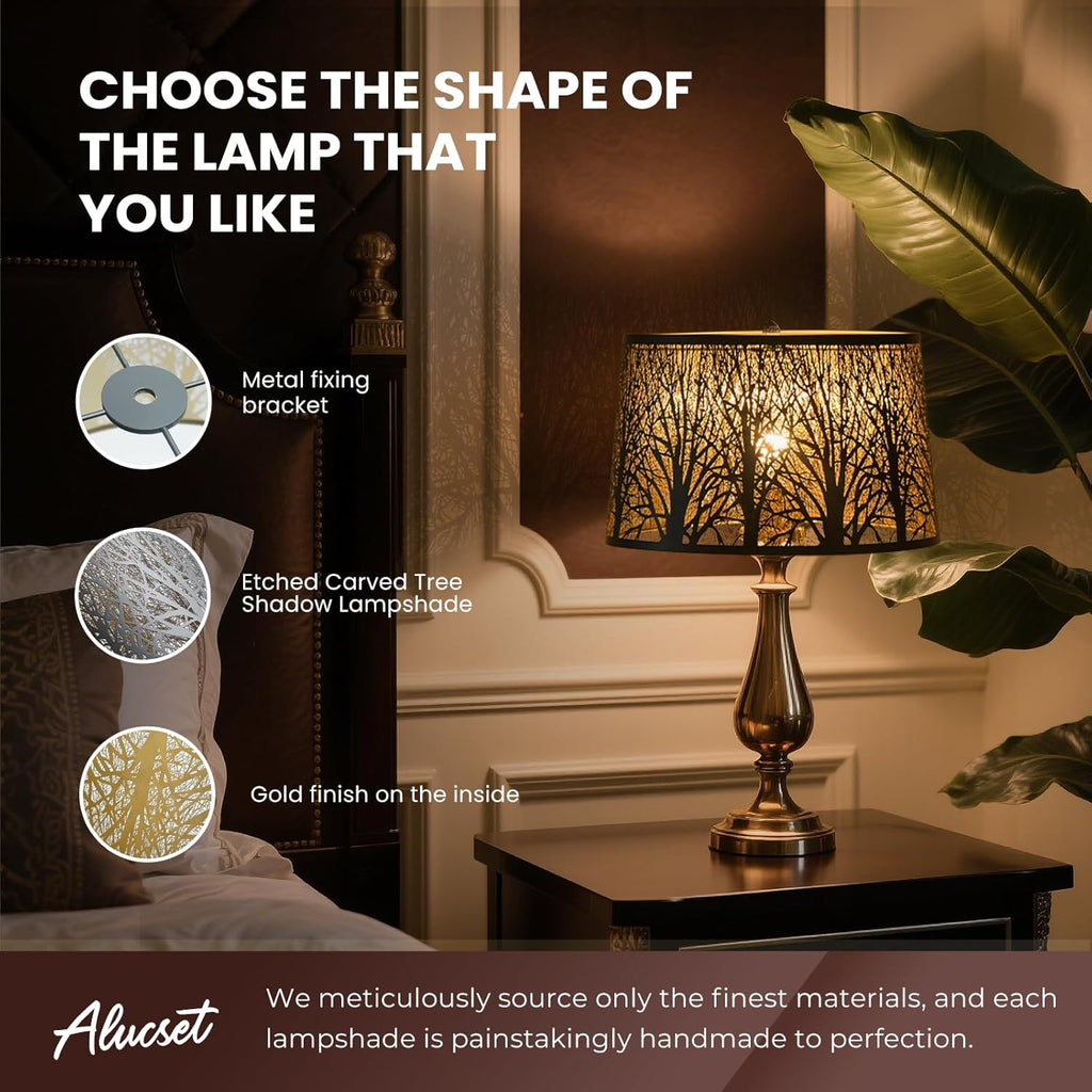 Black Gold Etched Forest Oval Metal Lamp Shade – Replacement for Table & Floor Lamps, Spider Fitter, 14" Bottom Width, 8.5" Height
