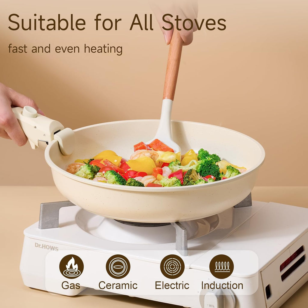 Nonstick Frying Pan Set, Non Stick Frying Pans with lid and Detachable Handle, Frying Pan Set with Removable Handle-8 Inch-9.5 Inch-11 Inch, Oven Safe, PFOA Free, Beige