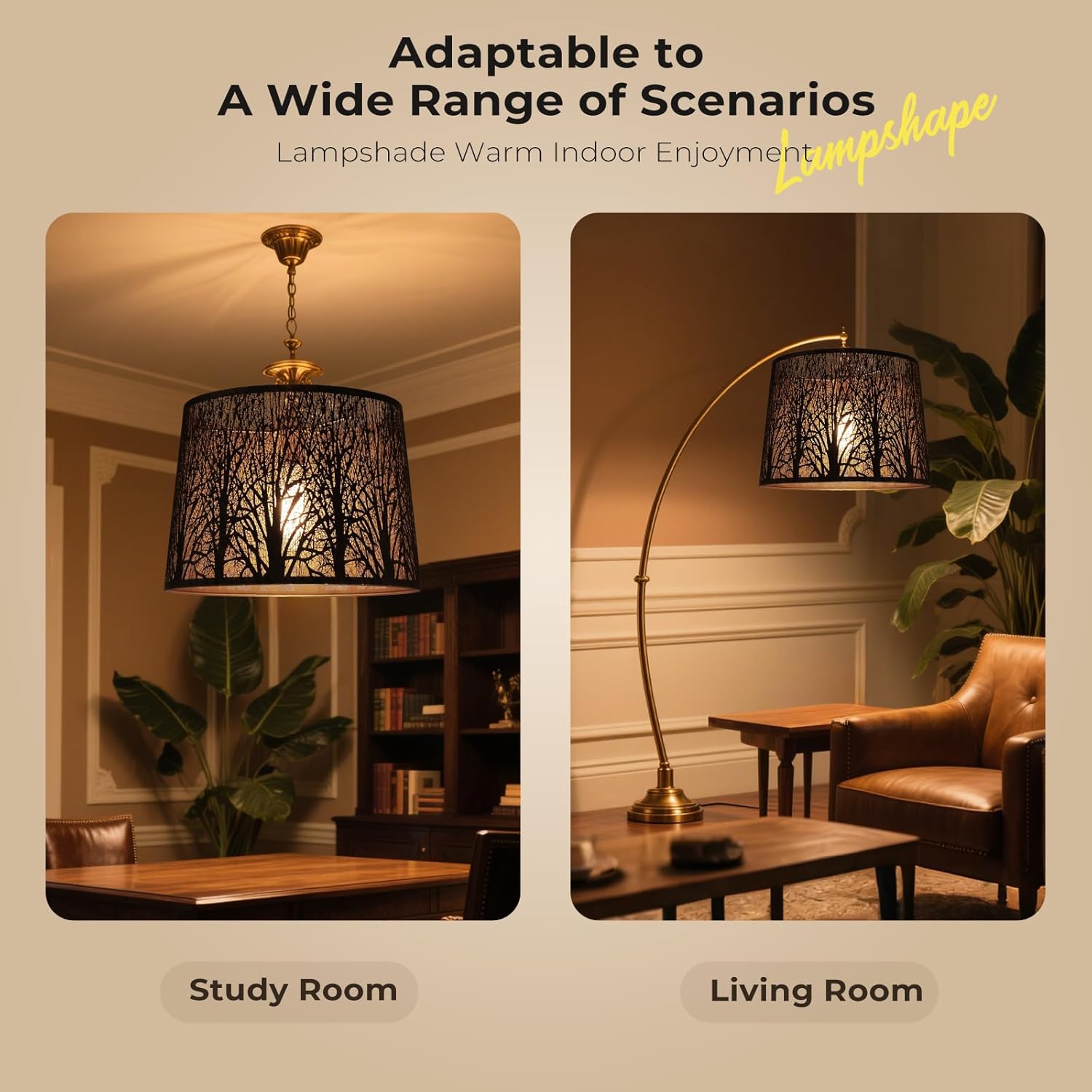 Antique Copper Drum Lampshade with Forest Tree Cutouts – 12" Top, 14" Bottom, 10" H – Fits Table, Floor & Pendant Lamps