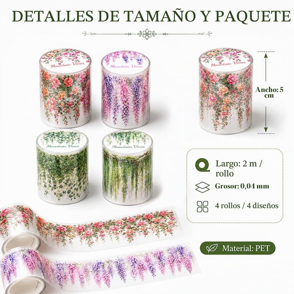 Mountain Vines Washi Tape Set 6 Rolls, Floral Vine PET Clear Tape, Vintage Nature Botanical Stickers for Journaling Scrapbooking Crafts