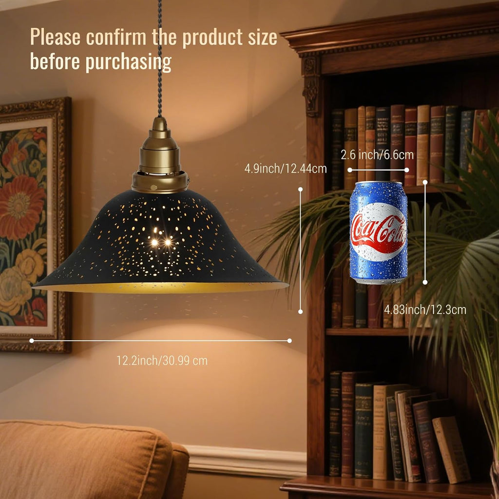 Starry Night Metal Replacement Lamp Shade, 11.8" Diameter, for Torchiere & Pendant Lights, Black & Gold Etched Design