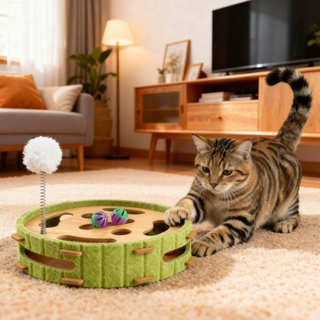 Interactive Cat Toy Ball Track, Wooden Cat Puzzle Toy with Bell Balls and Spring Pom-Pom, Cat Enrichment Activity Center for Indoor Cats Kittens