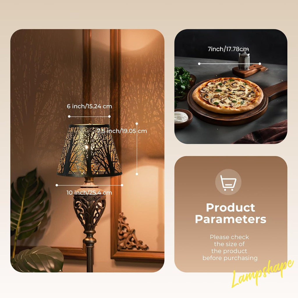 ALUCSET Forest Etched Metal Lamp Shade, 6" Top 10" Bottom 7.5" Spider Fitter Lampshade, Black Outside Gold Inside for Table Lamp Floor Lamp