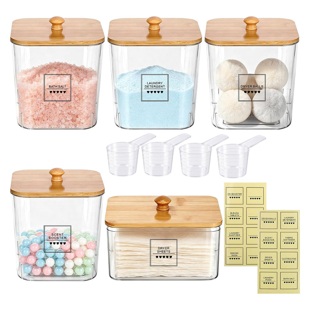 5-Piece Laundry Storage Container Set with Wooden Lids, Clear Acrylic Detergent and Laundry Pod Organizers with Labels