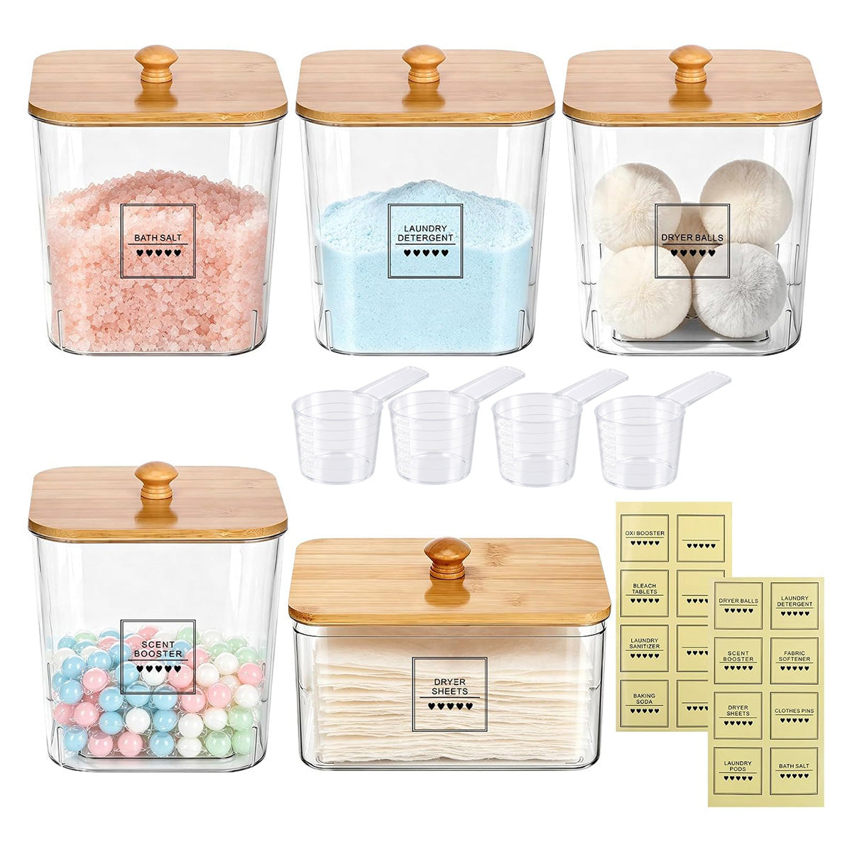 5-Piece Laundry Storage Container Set with Wooden Lids, Clear Acrylic Detergent and Laundry Pod Organizers with Labels