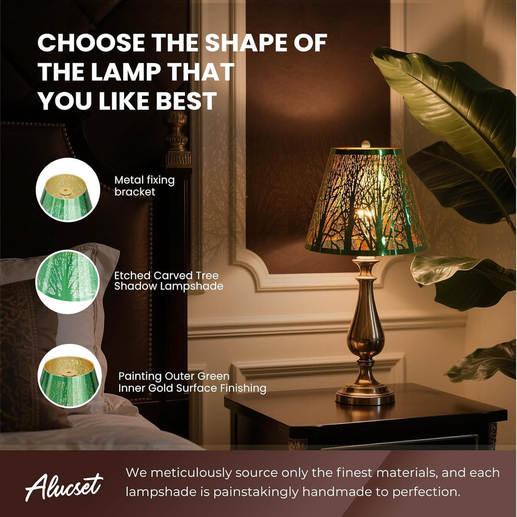 ALUCSET Etched Forest Metal Lamp Shade, 5"×9"×7", Spider Fitter Stainless Steel, Green Outside Gold Inside, Table Lamp Replacement
