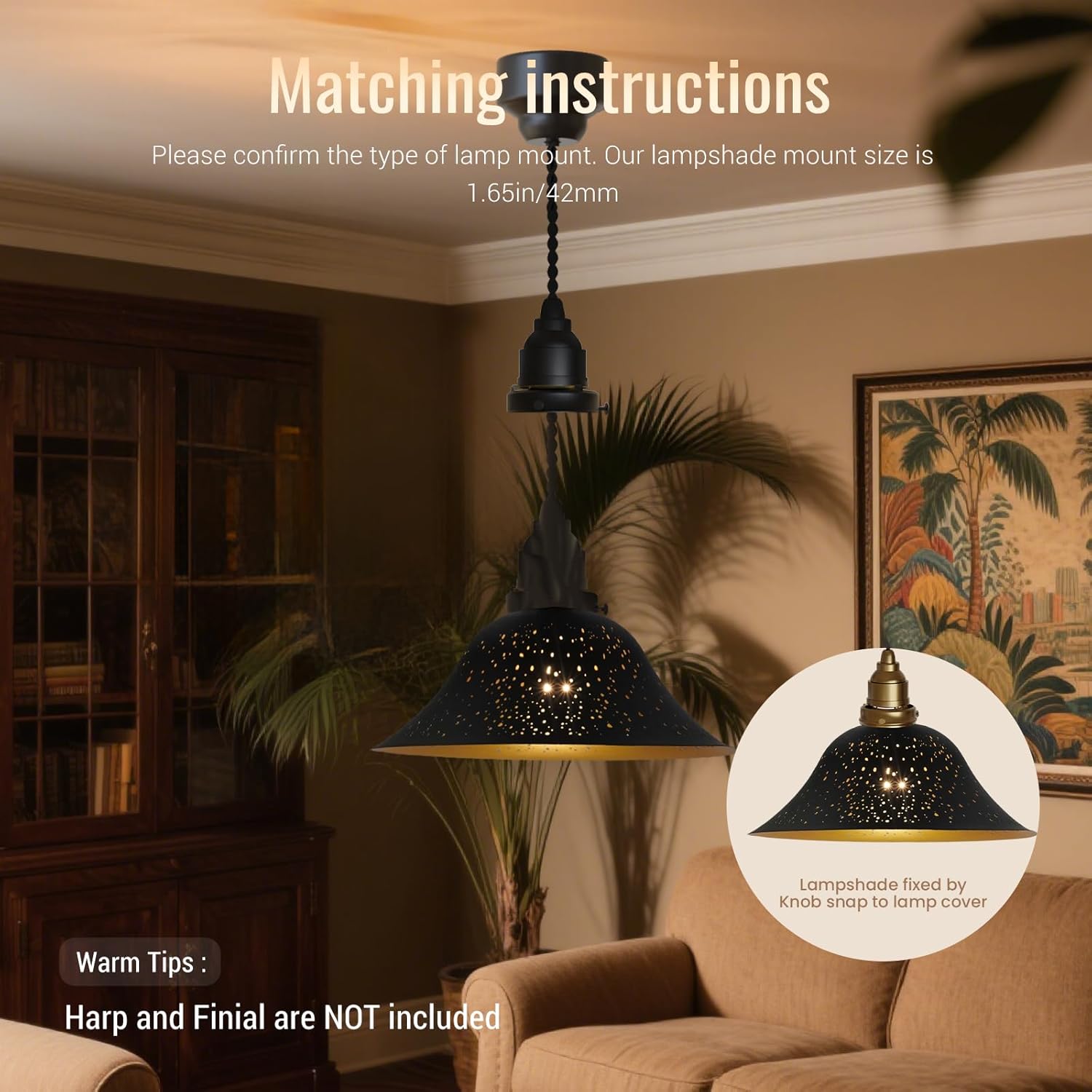 Starry Night Metal Replacement Lamp Shade, 11.8" Diameter, for Torchiere & Pendant Lights, Black & Gold Etched Design