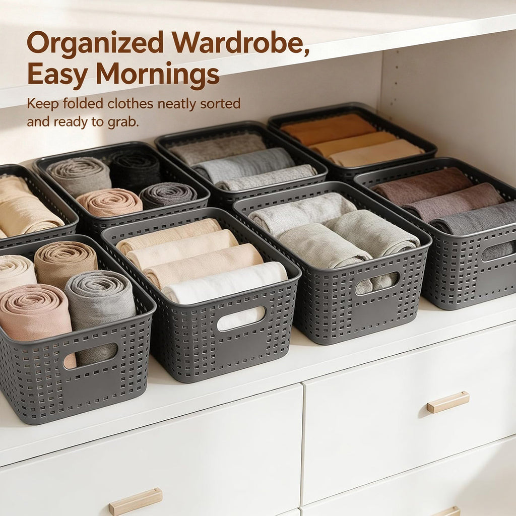 4-Pack Plastic Storage Bins with Lids, Stackable Storage Baskets for Shelves, Drawers, Closets, Playrooms, Classrooms and Offices