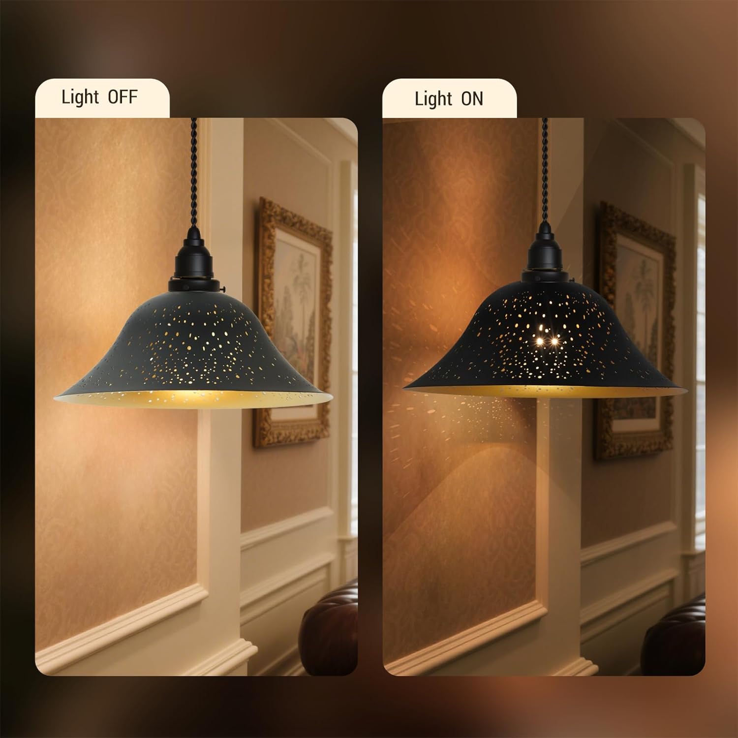Starry Night Metal Replacement Lamp Shade, 11.8" Diameter, for Torchiere & Pendant Lights, Black & Gold Etched Design