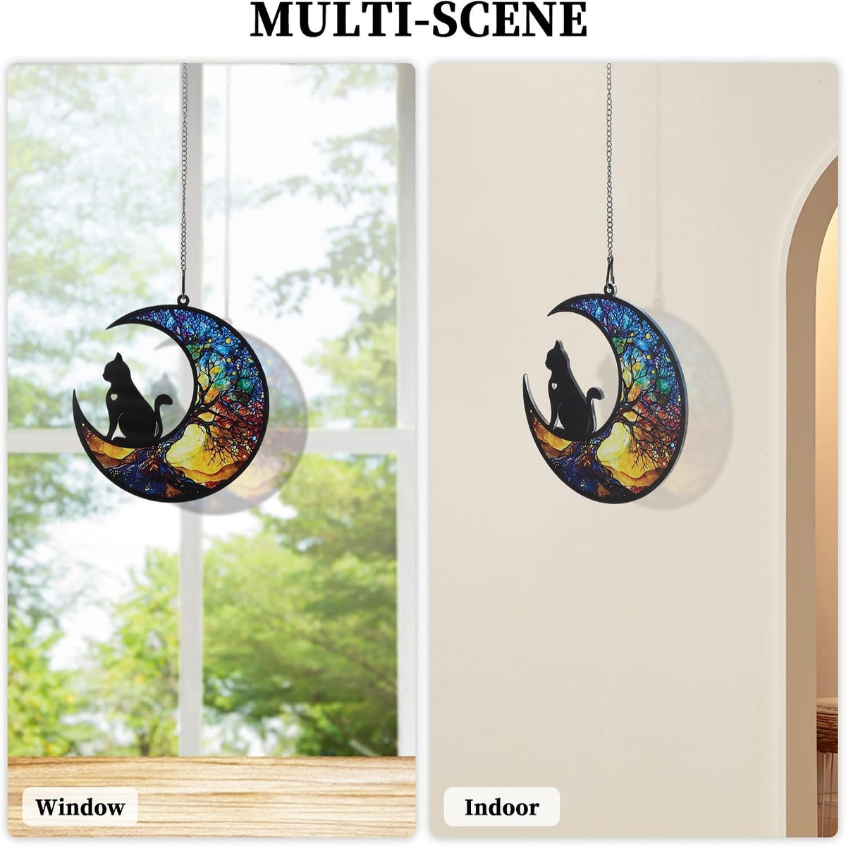 Moon with Silhouette Cat and Tree Acrylic Suncatcher Hanging, 5.9 inch Window Decor with Printed Stained Glass Style Design, Rainbow Maker Wall Art