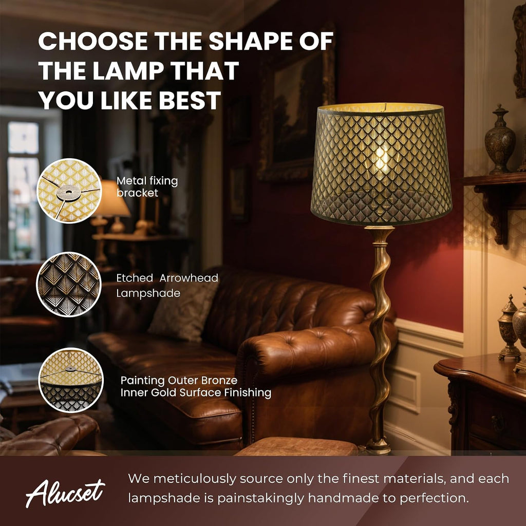ALUCSET 14"×16"×11" Drum Metal Lamp Shade, Bronze Gold Arrowhead Diamond Etched Lampshade with Spider Fitter for Table & Floor Lamps