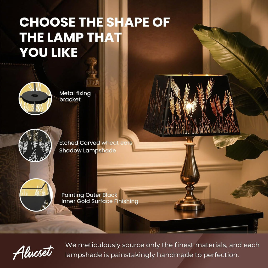 ALUCSET 9x12 Inch Modern Square Metal Lamp Shade - Black & Gold Wheatear Pattern for Table & Floor Lamps with Spider Fitter