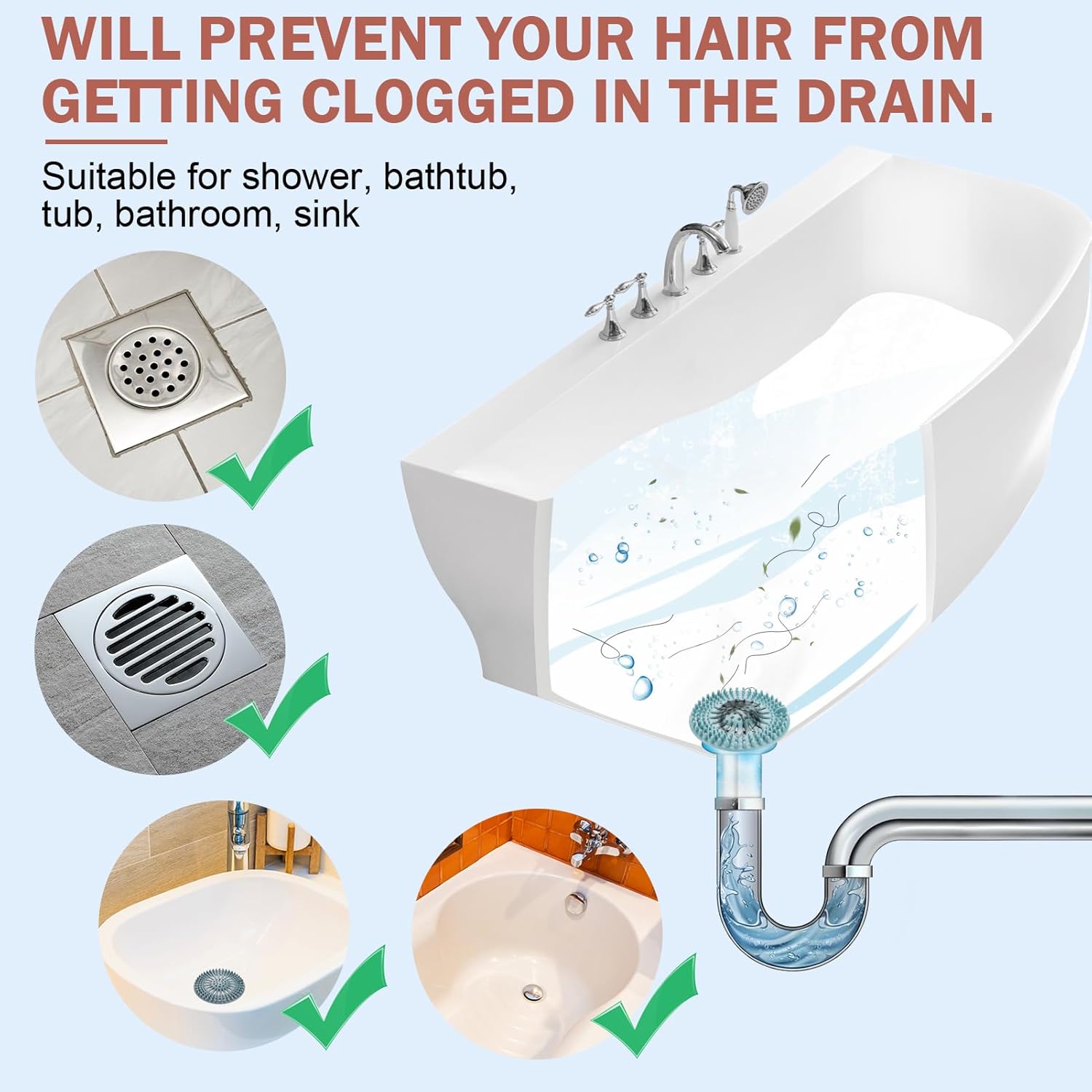 Sink Drain Strainer, Shower Drain Hair Catcher, TPR Drain Hair Catcher, Flat Drain Cover Anti-Clog Hair Trap for Tub Sink Laundry