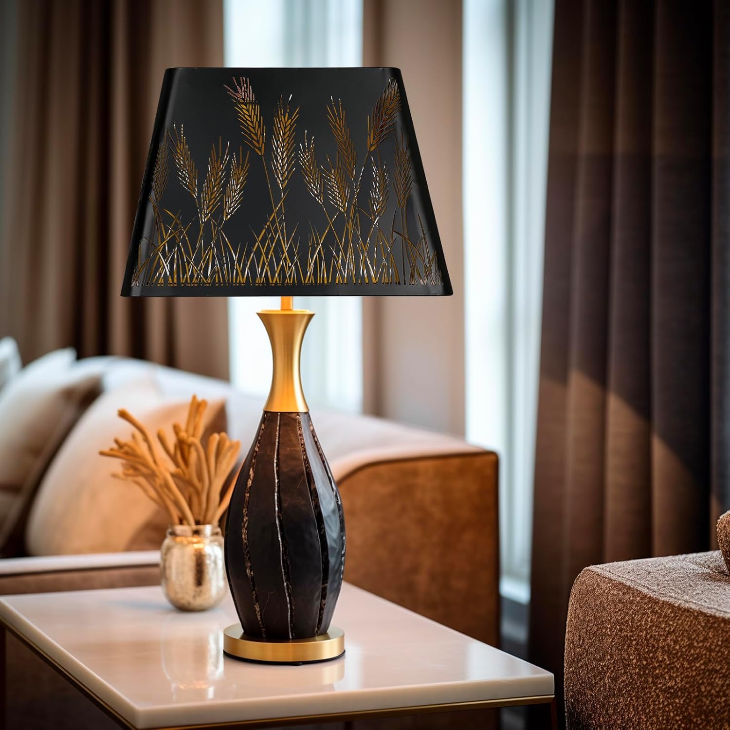 ALUCSET 9x12 Inch Modern Square Metal Lamp Shade - Black & Gold Wheatear Pattern for Table & Floor Lamps with Spider Fitter