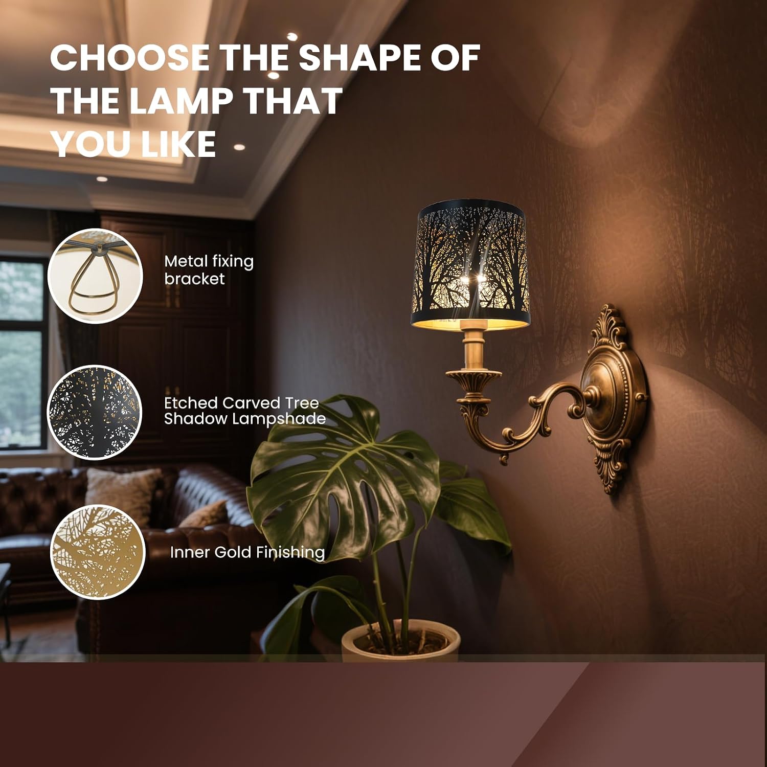 ALUCSET 6 Pack 5.1"×5.1" Small Drum Lamp Shades, Black Gold Forest Etched Clip-On Candelabra Lampshades for Wall Sconces & Chandeliers