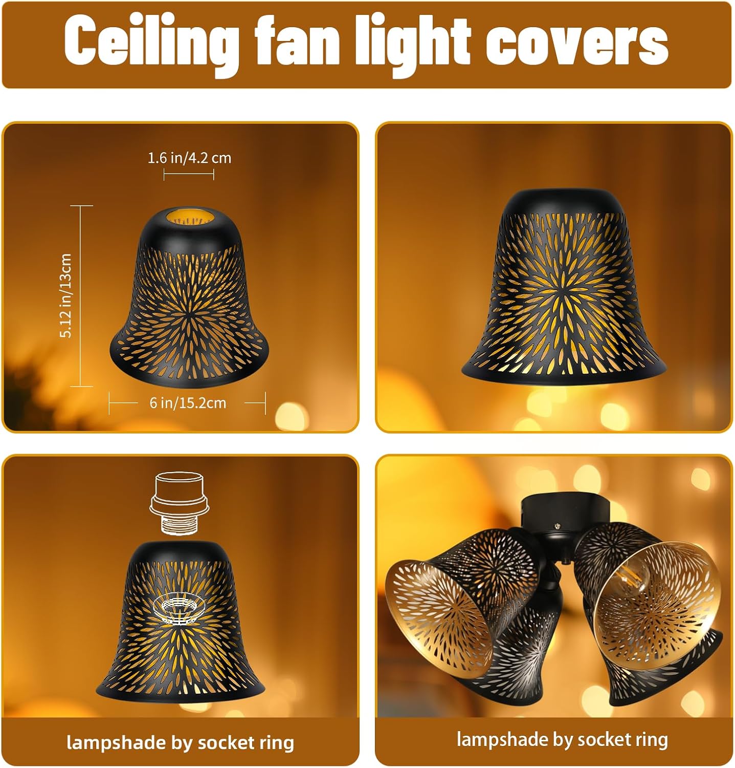 ALUCSET Cracked Metal Lamp Shade, 1-5/8 Inch Opening Fitter Ceiling Fan Light Cover Replacement, Fits Wall Lamp Table Lamp