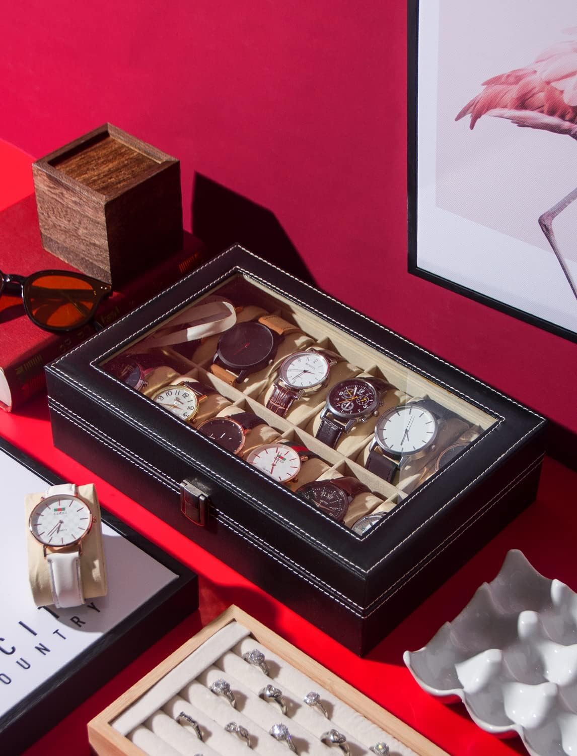 12 Slot Watch Box with Glass Lid, PU Leather Watch Organizer Case with Cushion Pillows and Metal Clasp, Large Capacity Gift for Men Watch Display Storage