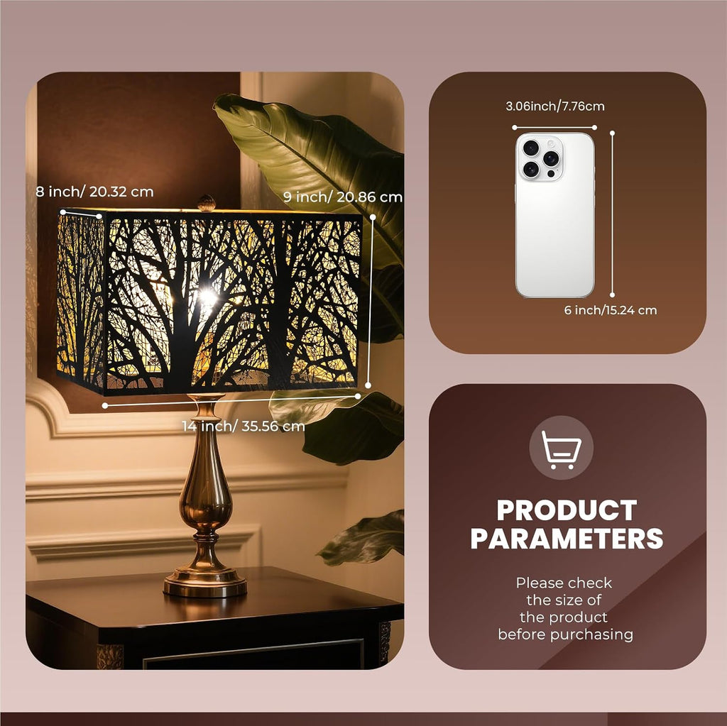 ALUCSET 14"×8"×9" Rectangular Metal Lamp Shade, Forest Etched Tree Shadow Glow Lampshade with Spider Fitter for Table Lamps