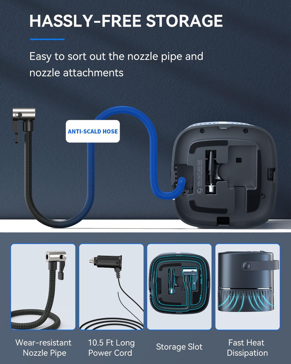 Portable Car Tire Inflator Air Compressor, 110 PSI Fast Inflation Air Pump with Digital LED Display, Auto Shut-Off, Retractable Power Cord and Emergency LED Light