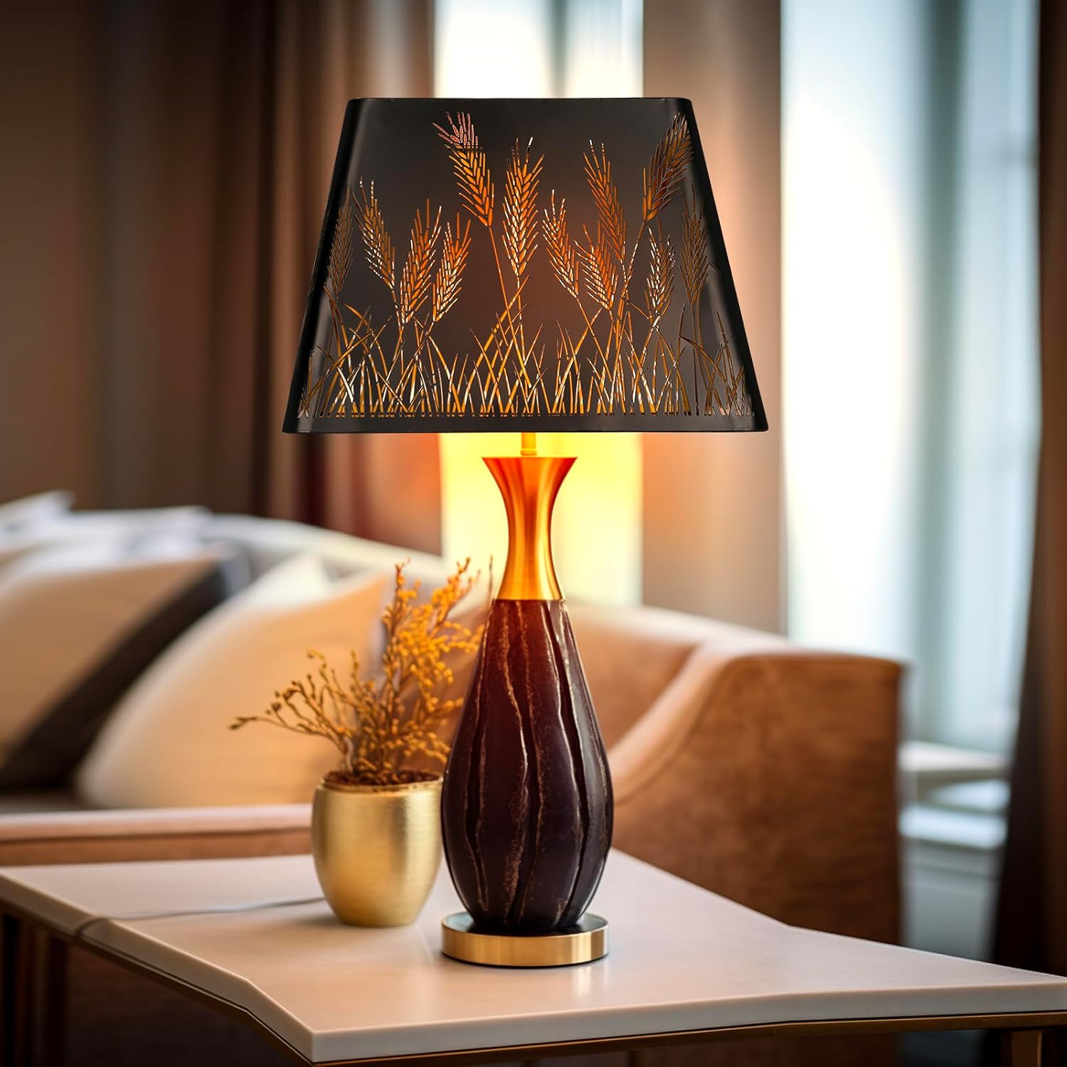 ALUCSET 9x12 Inch Modern Square Metal Lamp Shade - Black & Gold Wheatear Pattern for Table & Floor Lamps with Spider Fitter
