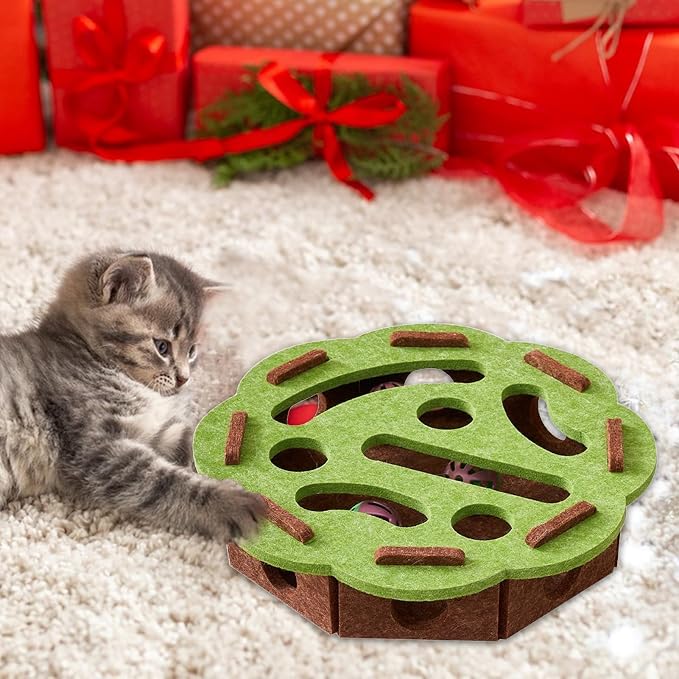 Interactive Cat Ball Track Toy with Felt Cover – Green/Brown, 11.81"