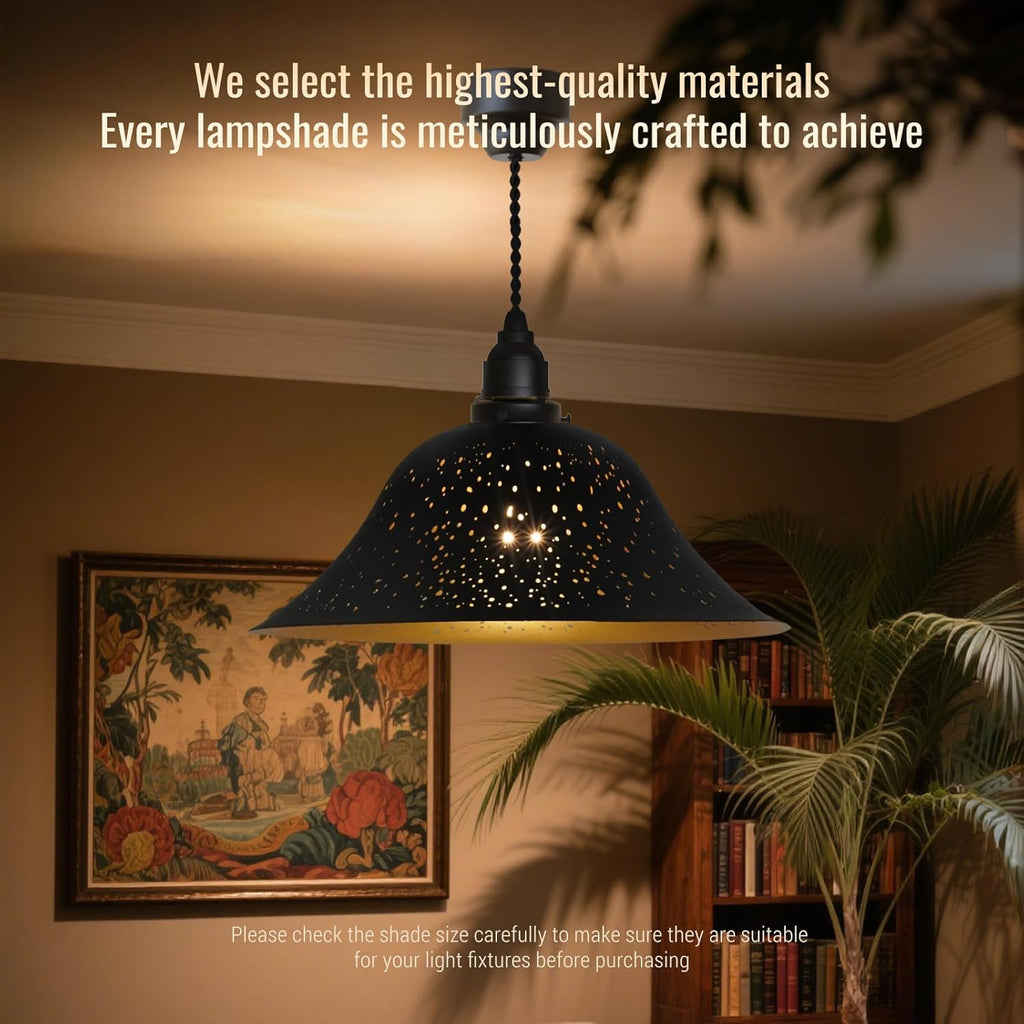 Starry Night Metal Replacement Lamp Shade, 11.8" Diameter, for Torchiere & Pendant Lights, Black & Gold Etched Design