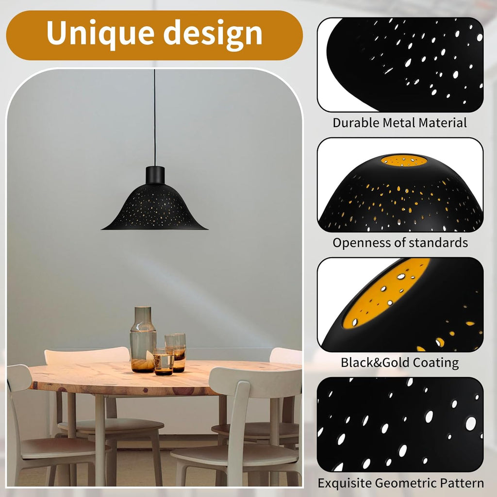 Etched Star Metal Lampshade – Black & Gold Bell Shape, 9.5” Diameter, 4” Height – Fits Torchiere, Floor & Pendant Lights (E26 Socket)