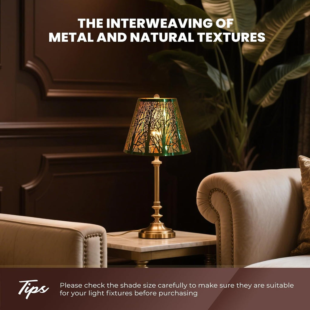 ALUCSET Etched Forest Metal Lamp Shade, 5"×9"×7", Spider Fitter Stainless Steel, Green Outside Gold Inside, Table Lamp Replacement