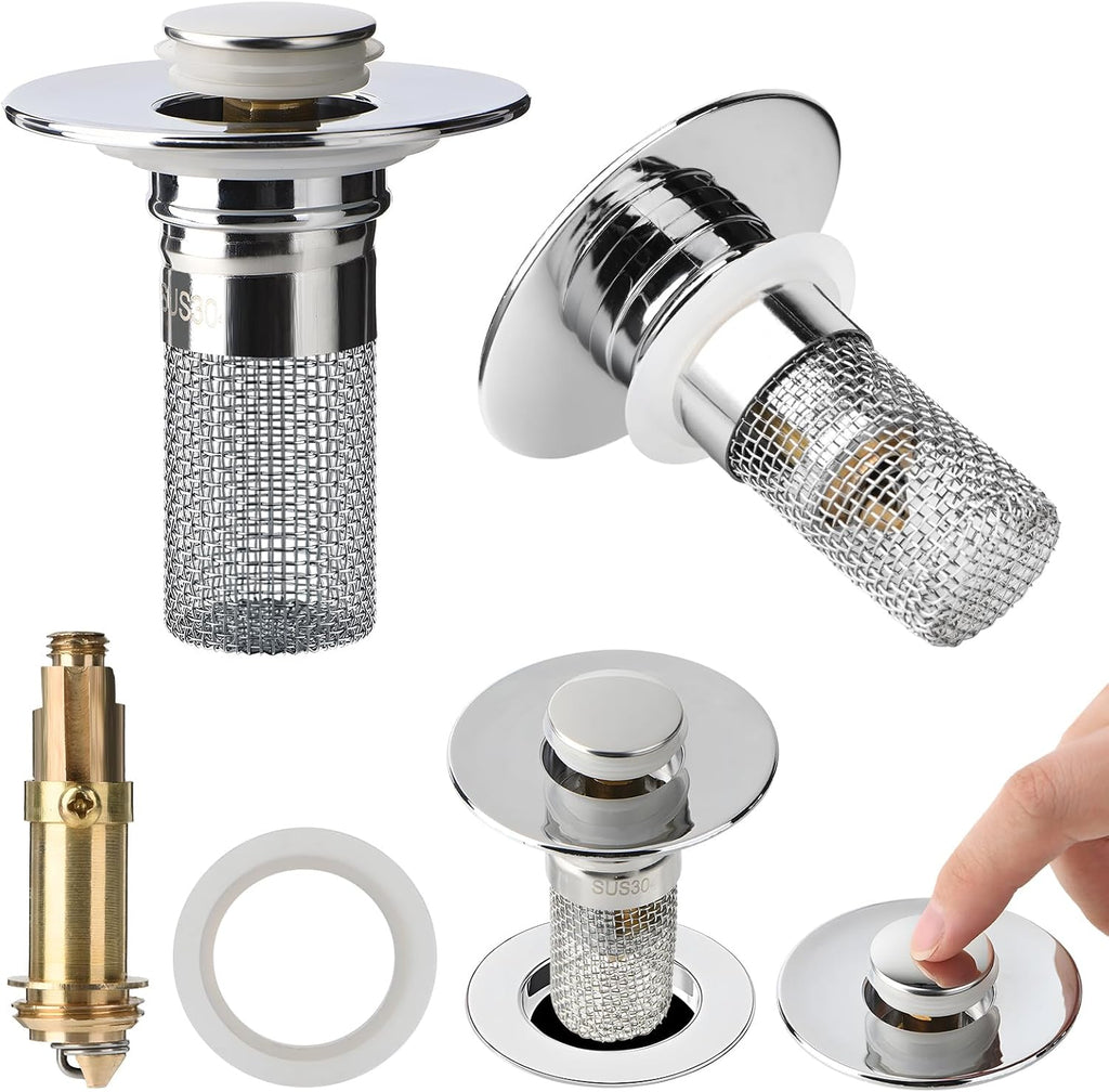 Bathroom Sink Drain Stopper with Filter, Bathroom Sink Drain Cover, Sink Strainer, Pop Up Sink Topper, Universal Fit for US Bathroom Sinks