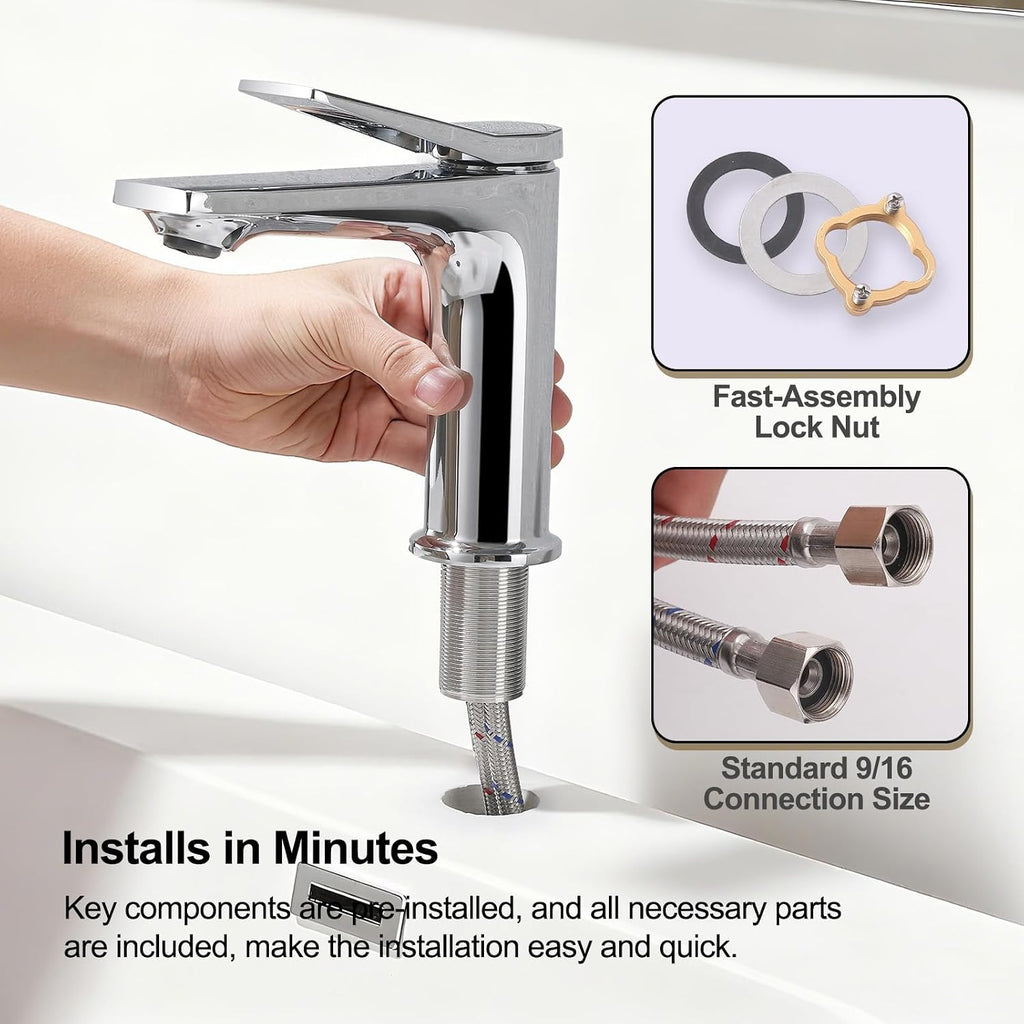 Single Hole Bathroom Faucet, Polished Chrome Single Handle Sink Faucet , 1 Hole Deck Mount Bathroom Vanity Faucet, Comes with Pop up Drain