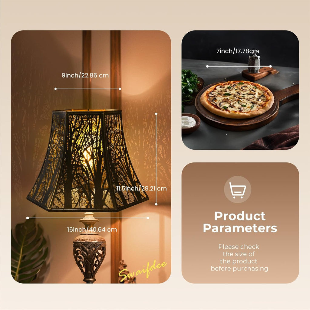 Hexagon Metal Lamp Shade with Etched Forest Trees, Bronze & Gold Finish, 16" Bottom, Spider Fitter for Table & Floor Lamps