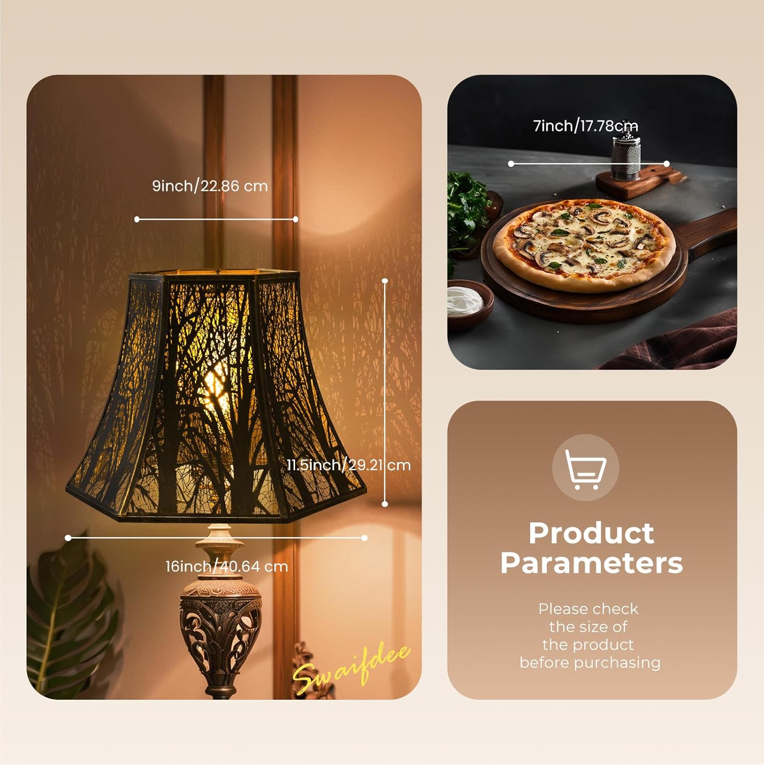 Hexagon Metal Lamp Shade with Etched Forest Trees, Bronze & Gold Finish, 16" Bottom, Spider Fitter for Table & Floor Lamps
