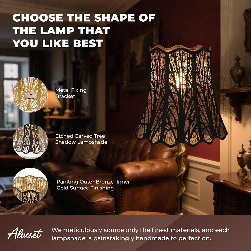 ALUCSET 10"×16"×14.75" Scalloped Metal Lamp Shade, Forest Etched Tree Shadow Bronze Gold Lampshade with Spider Fitter for Table & Floor Lamps