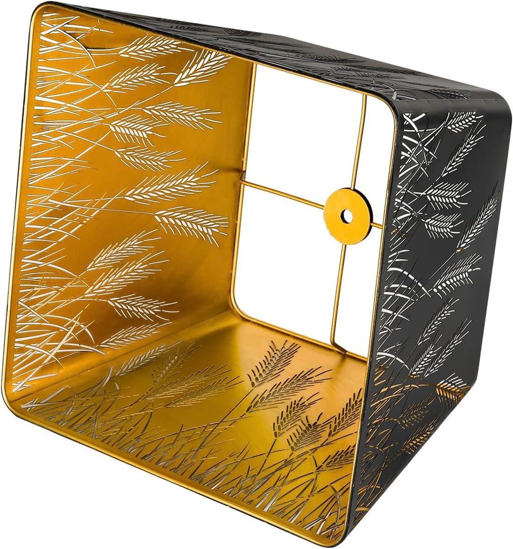 ALUCSET 9x12 Inch Modern Square Metal Lamp Shade - Black & Gold Wheatear Pattern for Table & Floor Lamps with Spider Fitter