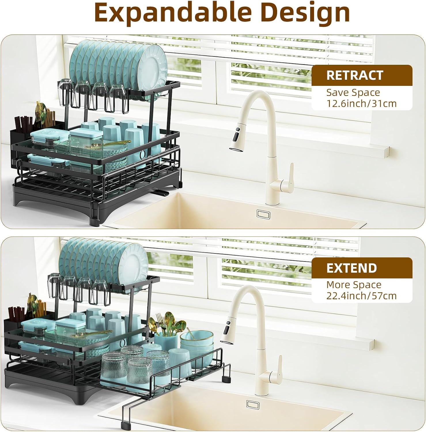 Expandable 2 Tier Dish Drying Rack with Drainboard Utensil Holder, Black Metal Over Sink Dish Drainer with Quick Dry Mat for Kitchen Countertop