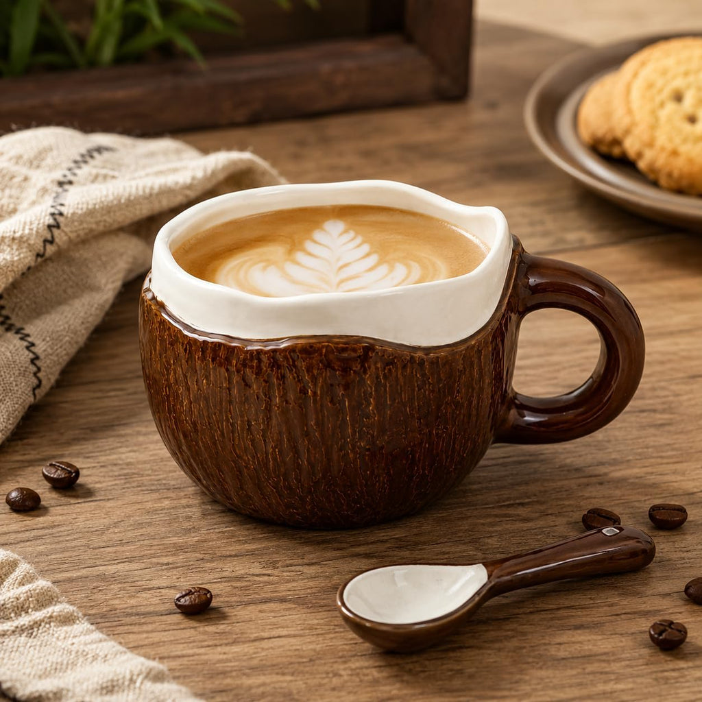 Coconut Shell Ceramic Coffee Mug with Spoon, 11.8oz Novelty Tropical Coffee Cup with Comfort Handle, Glossy Glaze Tea Mug for Home Office & Café