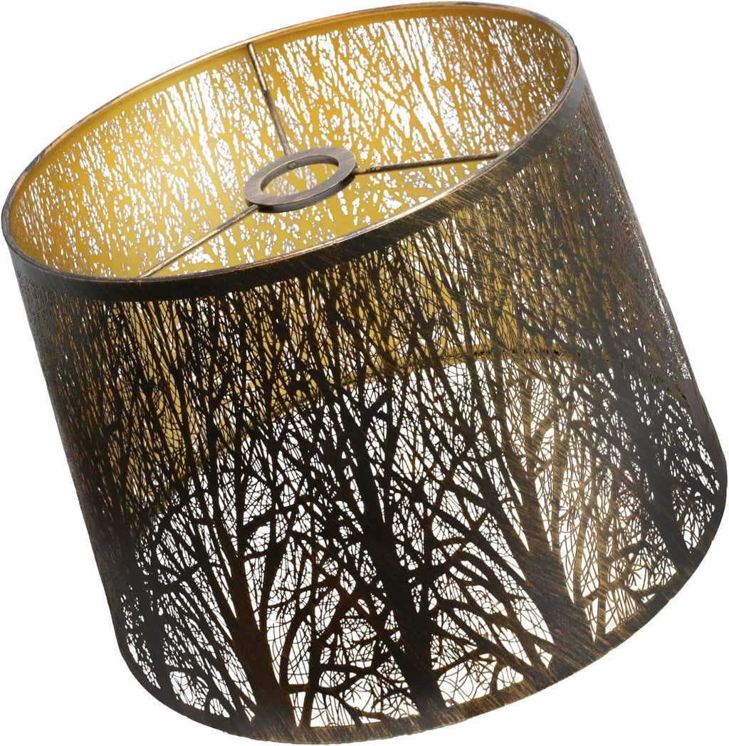 Antique Copper Drum Lampshade with Forest Tree Cutouts – 12" Top, 14" Bottom, 10" H – Fits Table, Floor & Pendant Lamps