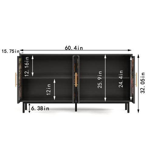 60" Painted Glass Sideboard Cabinet, Black Art Storage with 4 Doors Gold Handles, Tropical Buffet for Living Room Dining Room