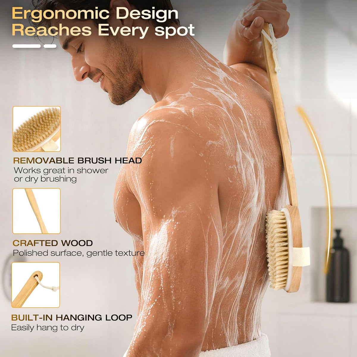 AEELLEEA 16.5 Inch Long Handle Bath Brush, Natural Boar Bristle Detachable Body Brush for Shower Exfoliating Dry Brushing Back Scrubber